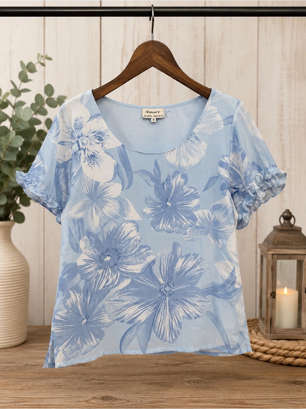 Amari Blue Floral Ruffle Sleeve Blouse Top Women’s Medium